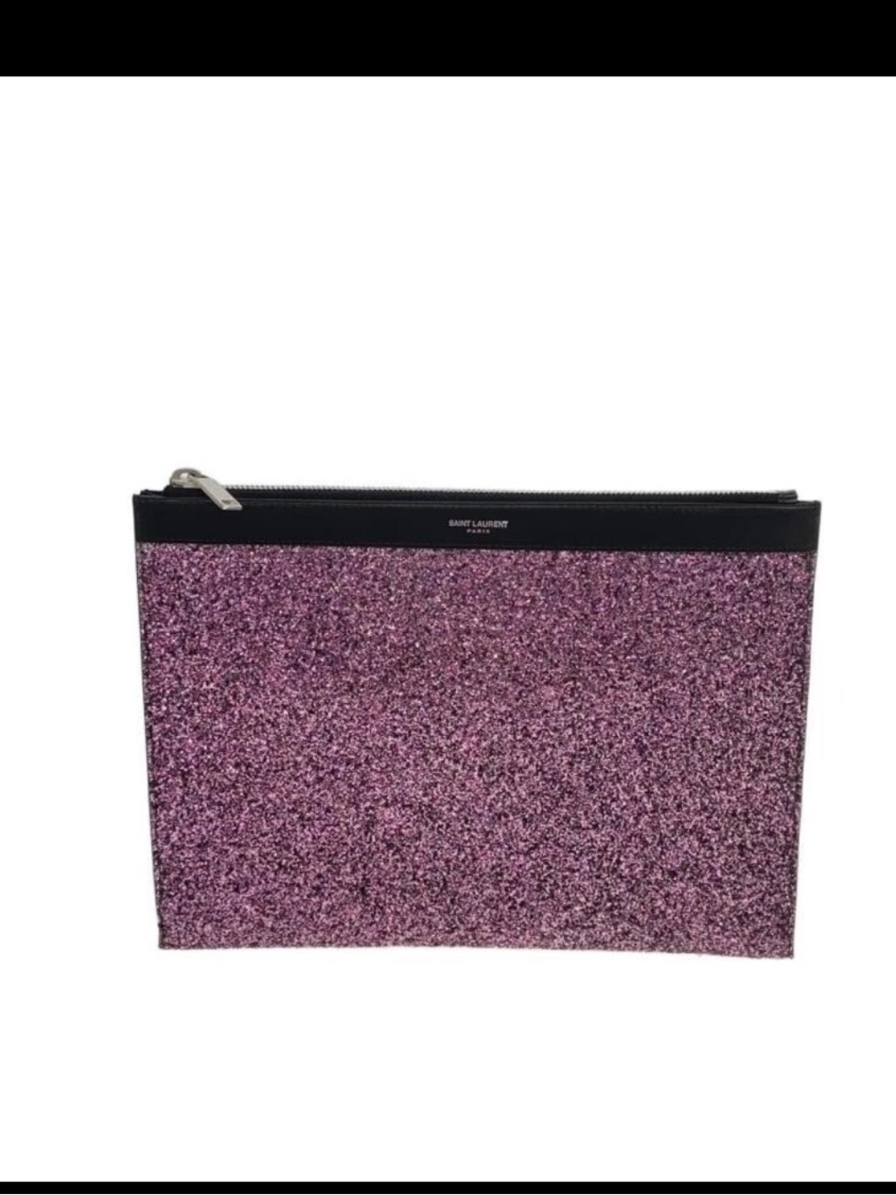 Saint Laurent Pink Glitter Zip Pouch with Black Trim